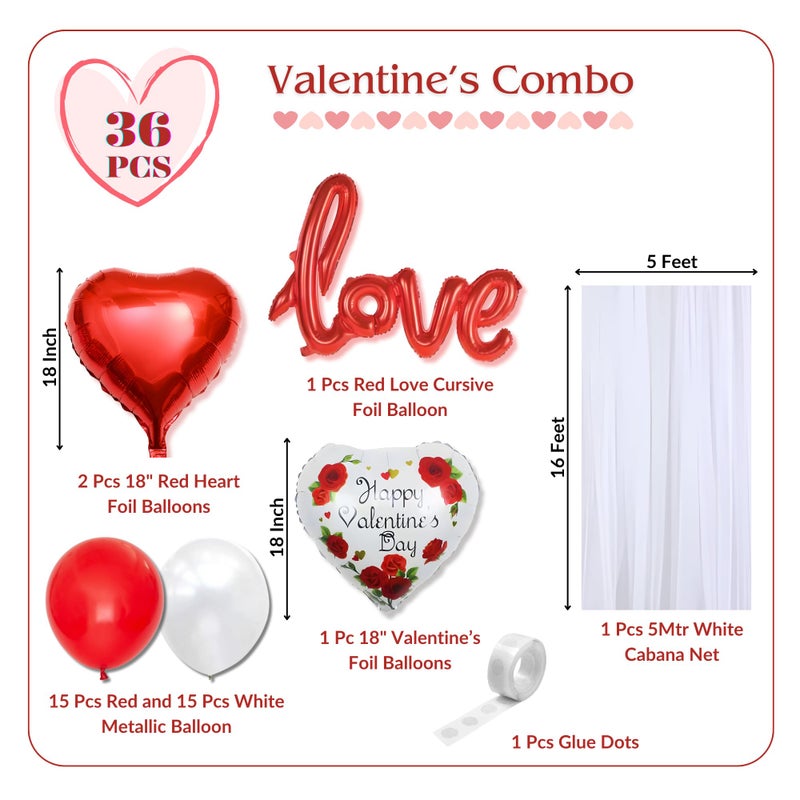 1iAM Valentine's Day Decoration Combo Pack of 36-1pc "love" Cursive Balloon, 1pc White Net, 3pcs Heart & 30pcs Balloons & 1pc Glue Dots for Propose Day, Romantic Dinner, Surprise Party Decoration - Image 2