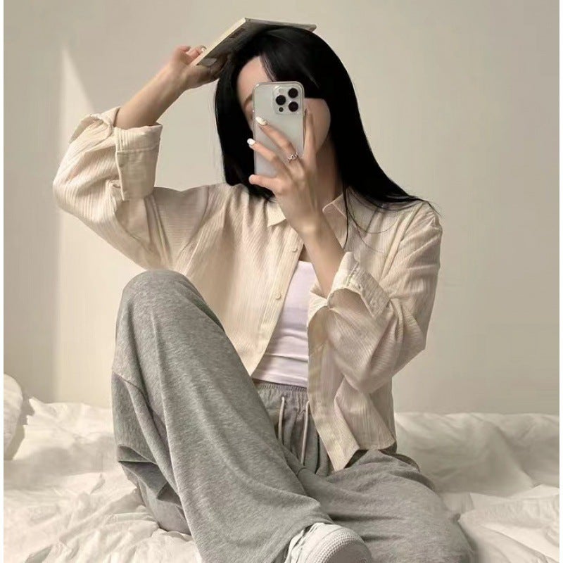 Generic 2024 Spring and Autumn New South Korea Blue small striped shirt design new long sleeve sun protection shirt for women Apricot - Image 1