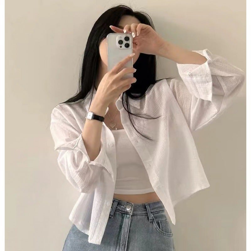 Generic 2024 Spring and Autumn New South Korea Blue small striped shirt design new long sleeve sun protection shirt for women Apricot - Image 2