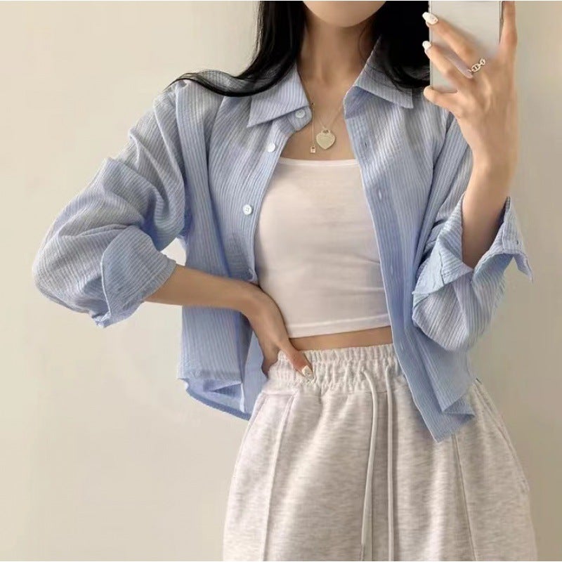 Generic 2024 Spring and Autumn New South Korea Blue small striped shirt design new long sleeve sun protection shirt for women Apricot - Image 3