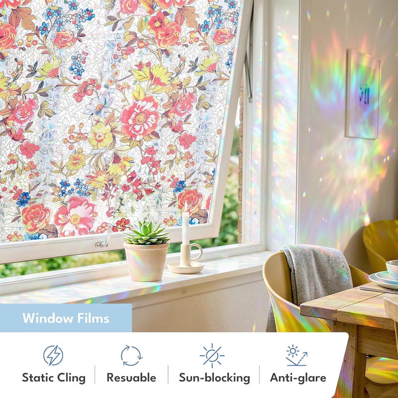 ADD.HERES Window Privacy Film Home Room Bathroom Spring Decor Car Decorations, Stained Glass Window Film, Static Cling Window Film, Window Tint，Rainbow Window Film (Crimson Ice Blue, 17.5" x 78.7") - Image 3