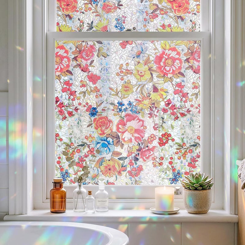 ADD.HERES Window Privacy Film Home Room Bathroom Spring Decor Car Decorations, Stained Glass Window Film, Static Cling Window Film, Window Tint，Rainbow Window Film (Crimson Ice Blue, 17.5" x 78.7") - Image 1