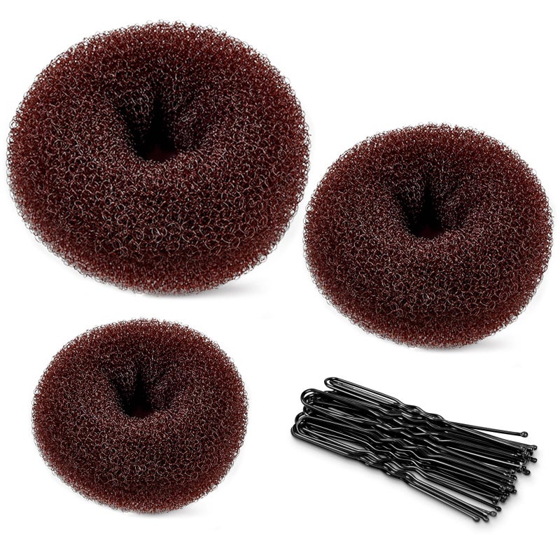TsMADDTs Donut Hair Bun Maker, 3PCS Dark Brown Ring Style Bun Maker with 20PCS U Shaped Hair Pins for Women Dance - Image 1
