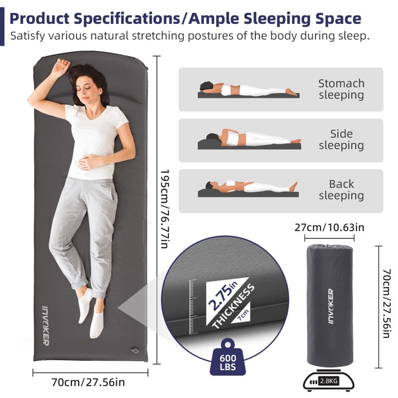 INVOKER Camping Sleeping Pad 3.15â€ Memory Foam Fast Self Inflating Insulated Durable Camping Mat Air Mattress with Pillowï¼Œfor Tent, Traveling, Car, Camping, Grey - Image 4