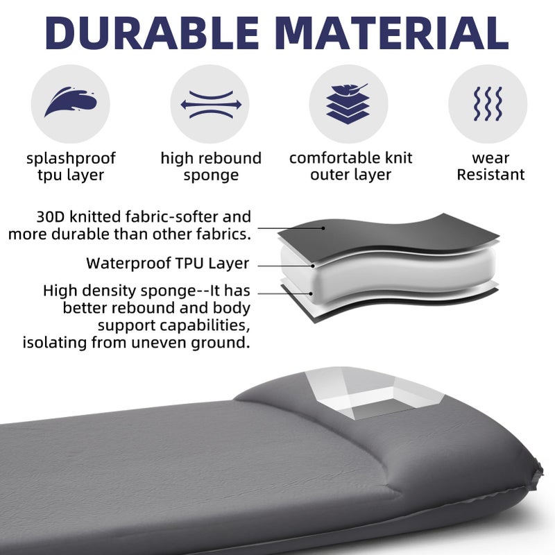 INVOKER Camping Sleeping Pad 3.15â€ Memory Foam Fast Self Inflating Insulated Durable Camping Mat Air Mattress with Pillowï¼Œfor Tent, Traveling, Car, Camping, Grey - Image 3