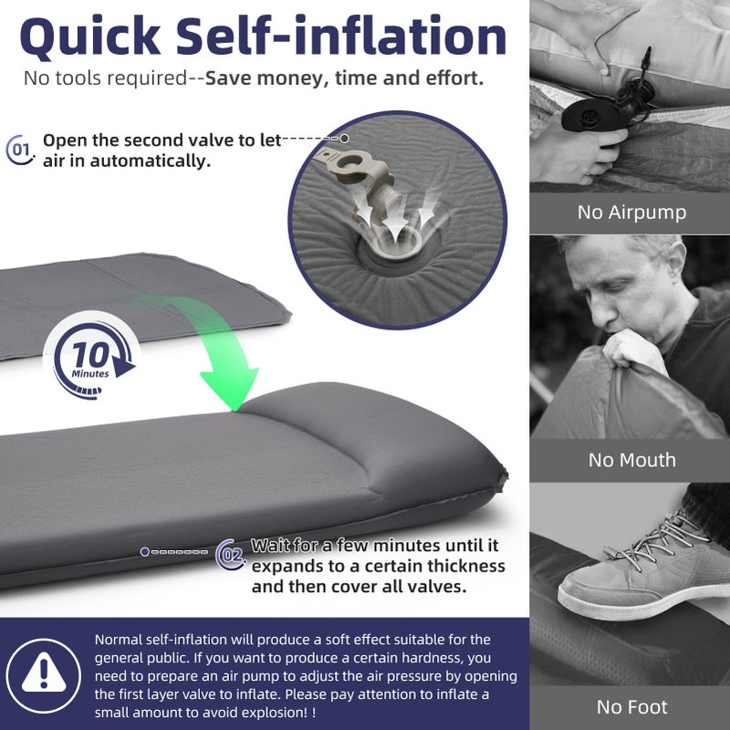 INVOKER Camping Sleeping Pad 3.15â€ Memory Foam Fast Self Inflating Insulated Durable Camping Mat Air Mattress with Pillowï¼Œfor Tent, Traveling, Car, Camping, Grey - Image 2