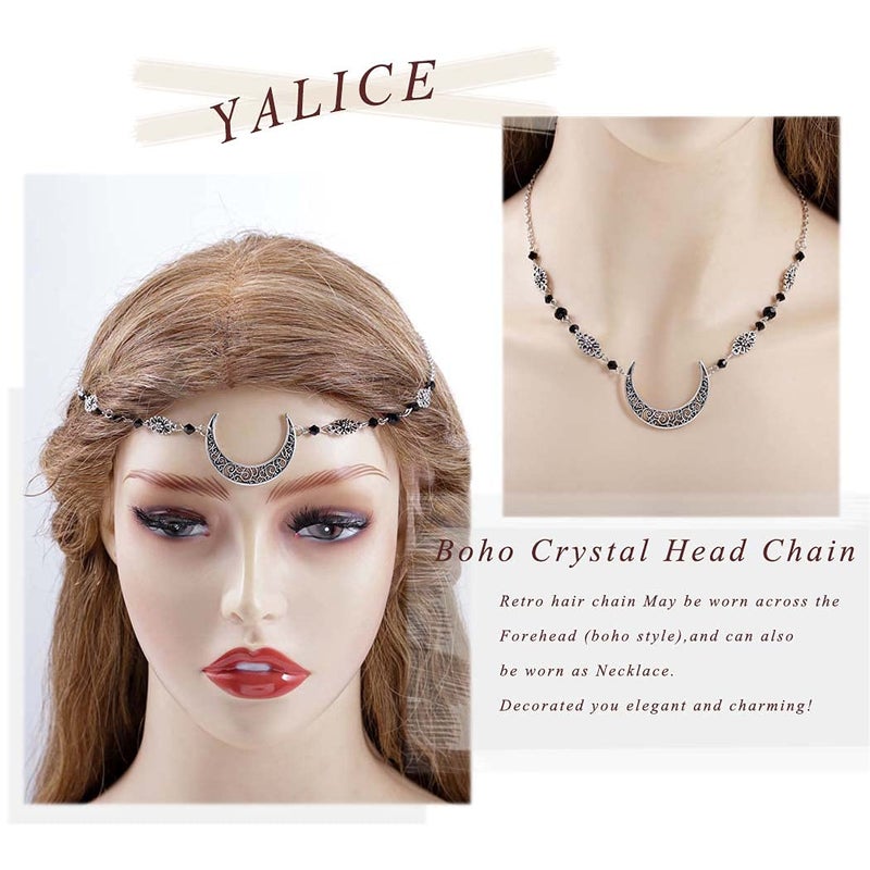 Yalice سلسلة رأس هلال القمر بوهو من ياليس مع كريستالات سوداء عتيقة، سوار رأس مزين بالأحجار الكريمة، سلسلة جبهة سحرية للنساء (فضي-أسود، مقاس واحد) - Image 3