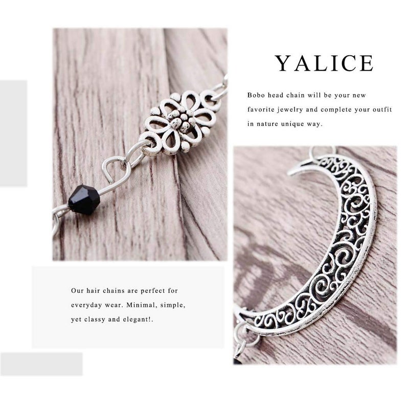 Yalice سلسلة رأس هلال القمر بوهو من ياليس مع كريستالات سوداء عتيقة، سوار رأس مزين بالأحجار الكريمة، سلسلة جبهة سحرية للنساء (فضي-أسود، مقاس واحد) - Image 4