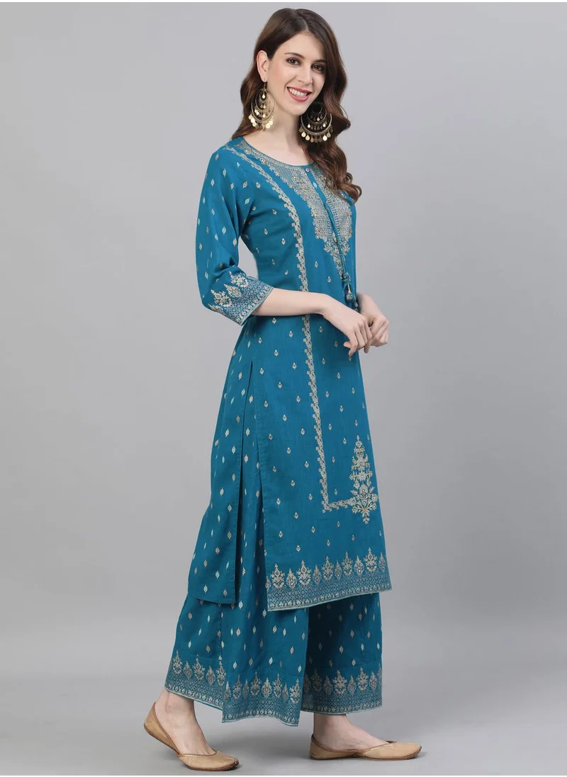 آي شين Straight Fit Embroidered Pattern Round Neck Three-Quarter Sleeves Teal Colour Knitted Cotton Kurta Set for Women with Semi Elastic Closure - Blending Tradition with Modern Style