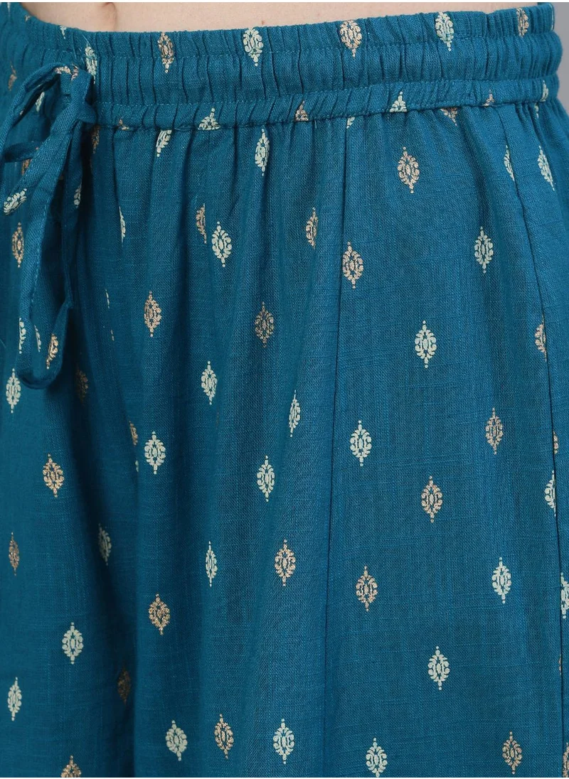 آي شين Straight Fit Embroidered Pattern Round Neck Three-Quarter Sleeves Teal Colour Knitted Cotton Kurta Set for Women with Semi Elastic Closure - Blending Tradition with Modern Style