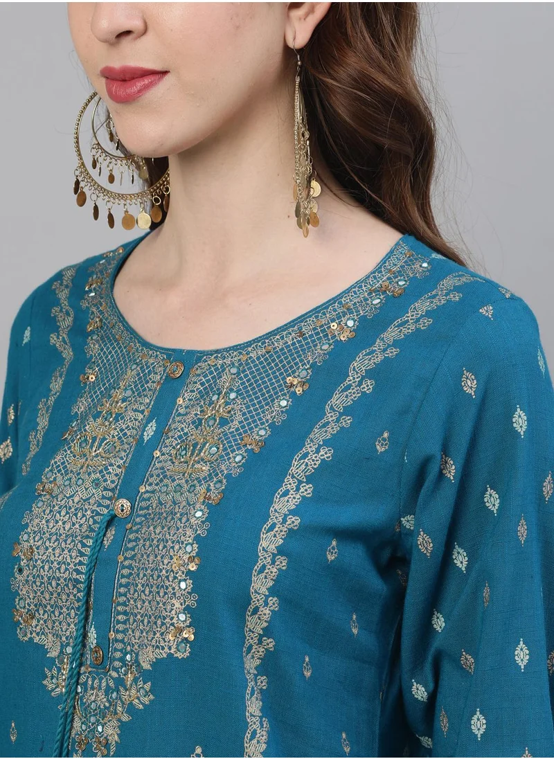 آي شين Straight Fit Embroidered Pattern Round Neck Three-Quarter Sleeves Teal Colour Knitted Cotton Kurta Set for Women with Semi Elastic Closure - Blending Tradition with Modern Style