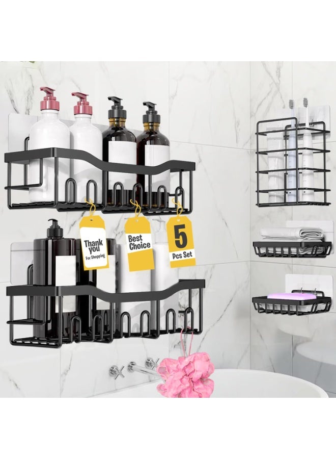 Eworld Shower Caddy Set of 5 – 2 Large Stainless Steel Racks with Hooks, 2 Soap Holders & 1 Toothbrush Holder, No-Drill Adhesive Wall Mount Bathroom Organizer  - Image 5