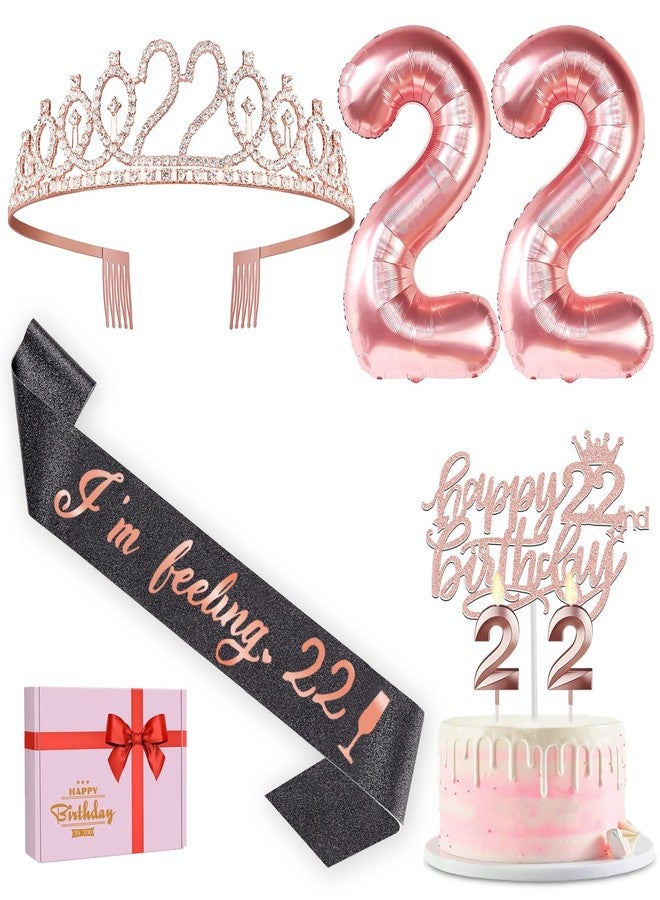 YeohJoy 22nd Birthday Decorations for Women, Including 22nd Birthday Sash and Tiara, Birthday Cake Topper and Candles 22, Rose Gold 22 Balloons, 22nd Birthday Gifts for Women - Image 1