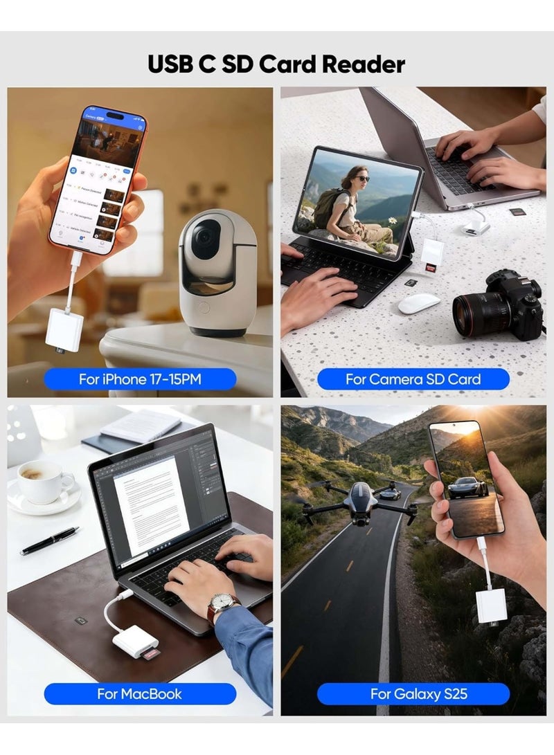 SD Card Reader USB C for iPhone 15-17, Digital Camera Adapter for Photo Upload/Transfer, Digital Camera to Phone Type-C Support SD Card/Mirco SD Card for iPhone 15-17PM,iPad Pro,Kodak Pixpro-White - Image 4