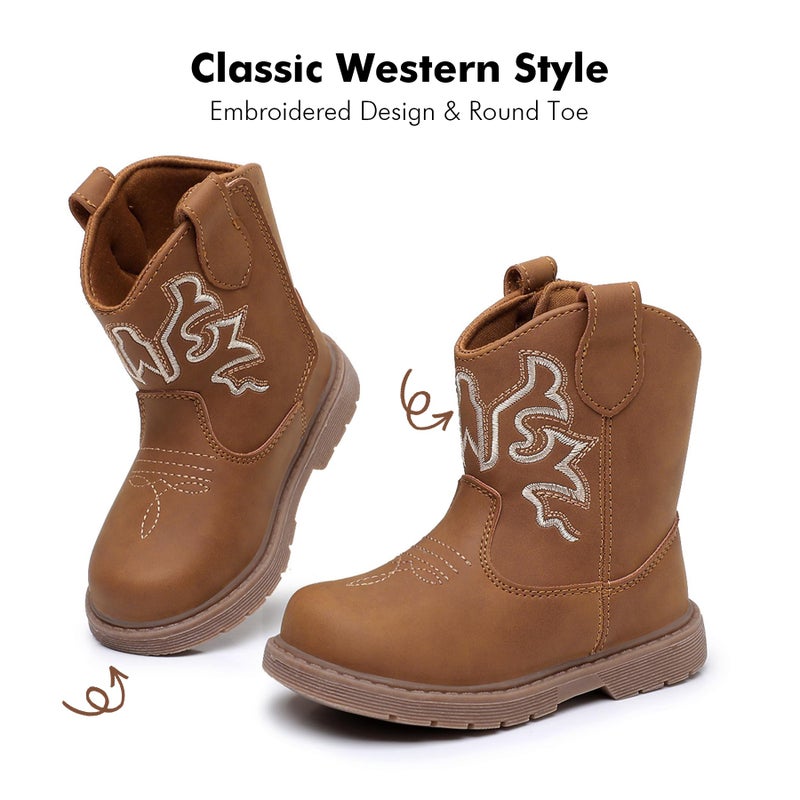 Ahannie Toddler Cowboy Boots for Boys & Girls â€“ Baby Round Toe Western Boots with Hook & Loop Ages 9 Monthsâ€“4 Years (Brown-4) - Image 2