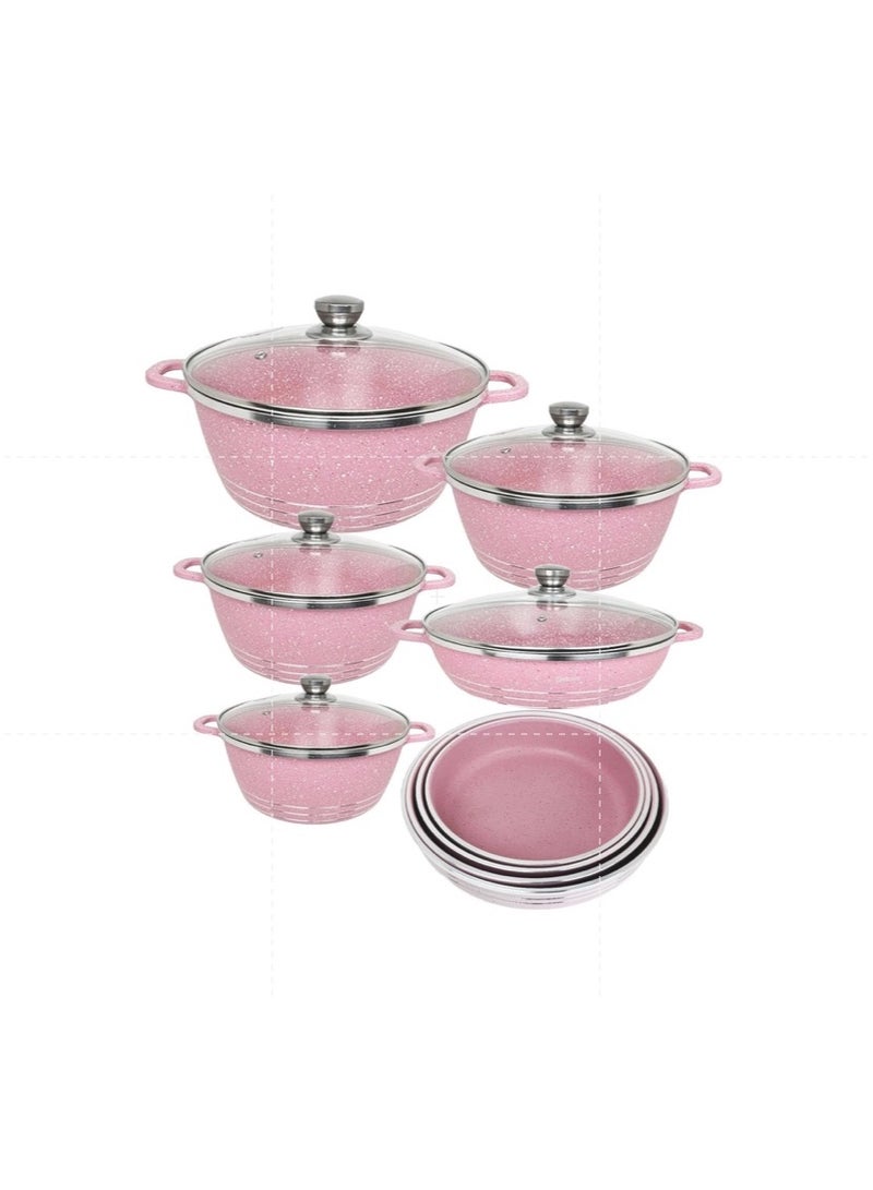 DESSINI 10 pieces Granite Coated Cookware set with 4 Pieces Bakeware Pan Set Pink