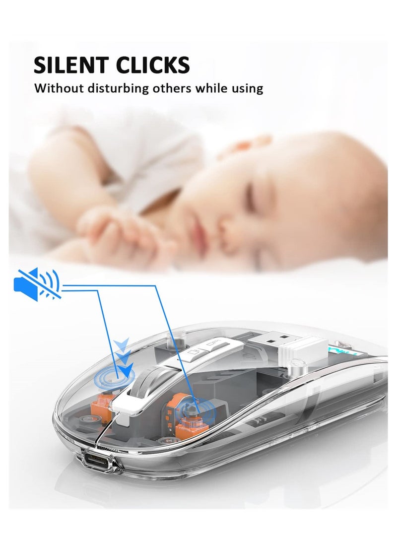 SYOSI - Wireless Bluetooth Mouse, Tri-Mode (BT1+BT2+2.4G) USB C Rechargeable Computer Mouse, Full Transparent Portable Silent Mouse with USB Receiver for Laptop (Grey) - Image 1