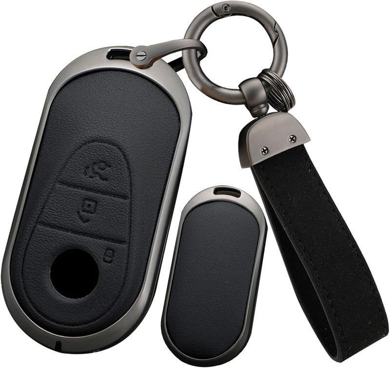 ontto Alloy Leather Car Key Fob Cover for Mercedes Benz C-Class, S-Class, GLC, EQS, EQE, Maybach S480, S580 - Black - Image 1