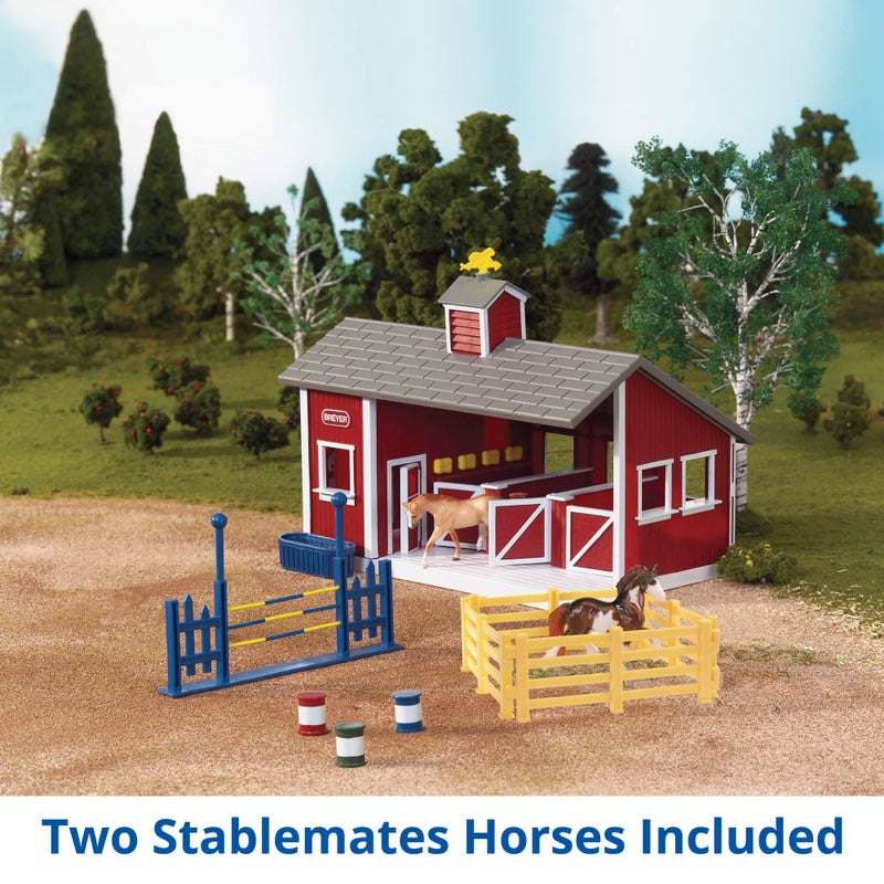 Breyer Stablemates Red Stable Set with 2 Horses â€“ Realistic Horse Toys for Girls Ages 4â€“8, Barn Playset with Fencing, Barrels & Trough, Creative Gift for Kids, Imaginative Horse Play - Image 2