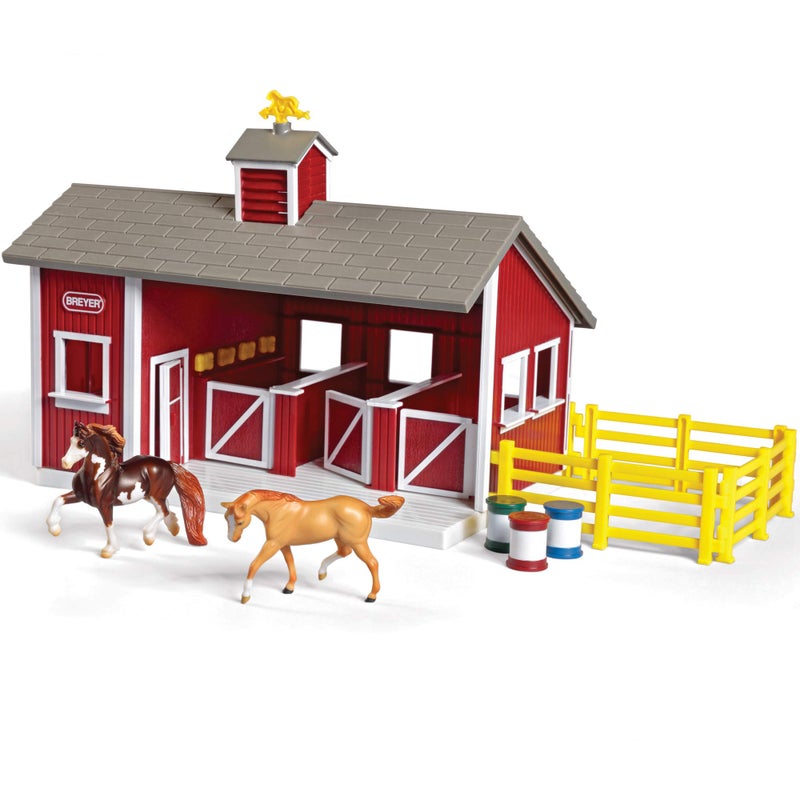 Breyer Stablemates Red Stable Set with 2 Horses â€“ Realistic Horse Toys for Girls Ages 4â€“8, Barn Playset with Fencing, Barrels & Trough, Creative Gift for Kids, Imaginative Horse Play - Image 1