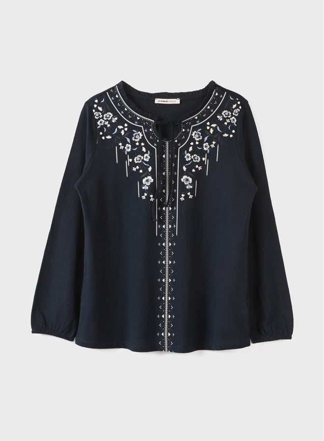 LC WAIKIKI Tie Collar Embroidered Long Sleeve Viscose Women's Blouse - Image 1