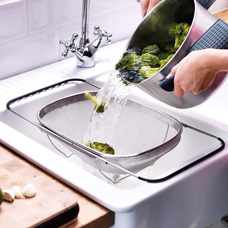 CREDSY Over The Sink Colander with Expandable Rubber Grip Handles Fine Mesh Oval Strainer in Stainless Steel Strain Drain Rinse Fruits and Vegetables Dishwasher Safe - Image 4