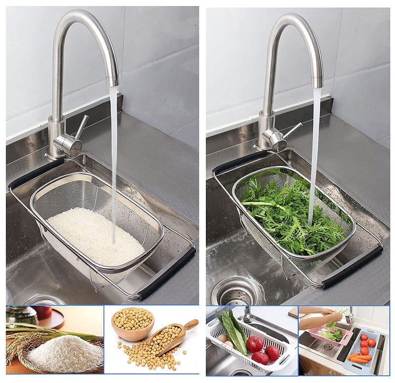 CREDSY Over The Sink Colander with Expandable Rubber Grip Handles Fine Mesh Oval Strainer in Stainless Steel Strain Drain Rinse Fruits and Vegetables Dishwasher Safe - Image 2