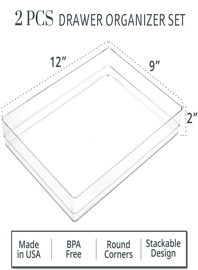 STORi SimpleSort 2-Piece Stackable Clear Drawer Organizer Set | 12" x 9" x 2" Rectangle Trays | Wide Makeup Vanity Storage Bins and Office Desk Drawer Dividers | Made in USA - Image 2