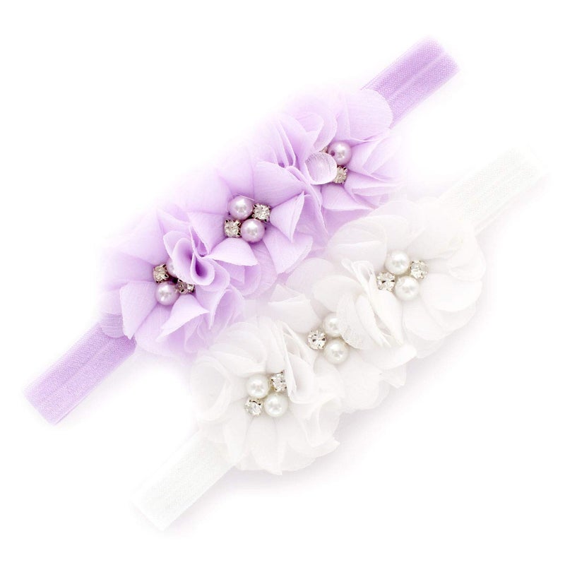 My Lello Girls Flower Headbands Toddler Fabric Beaded Trio Stretchy Elastic Pair (Lavender/White) - Image 1