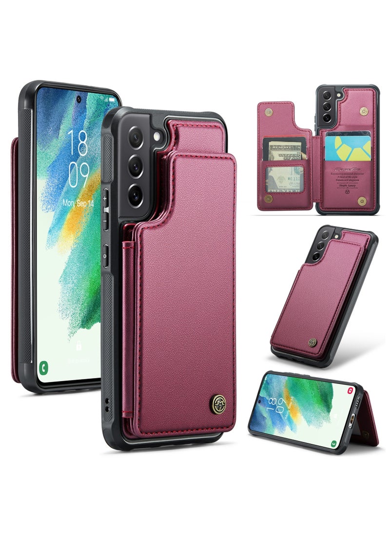 CaseMe Wallet Case for Samsung Galaxy S21 FE, Premium Handmade Durable PU Leather Slim Shockproof Case with [Double Magnetic Clasp] [Card Holder] [Kickstand] [RFID Blocking] (Red)  - Image 1