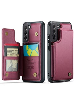 CaseMe Wallet Case for Samsung Galaxy S21 FE, Premium Handmade Durable PU Leather Slim Shockproof Case with [Double Magnetic Clasp] [Card Holder] [Kickstand] [RFID Blocking] (Red)  - Image 2