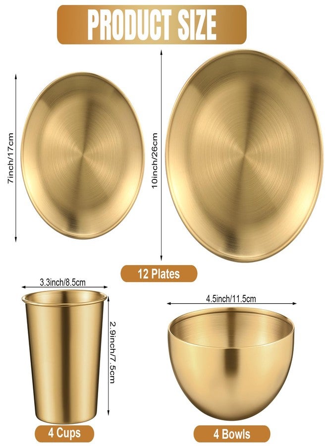 Jinei 24 Pcs 304 Stainless Steel Dinner Set Include 7 Inch 10 Inch Stainless Steel Plates, Bowls and Cups, Reusable Metal Utensils Dinnerware for Home Outdoor Picnic Kitchen (Gold) - Image 2