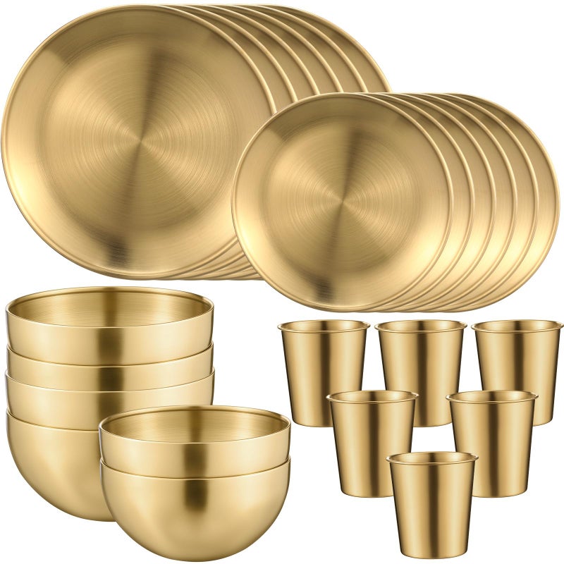 Jinei 24 Pcs 304 Stainless Steel Dinner Set Include 7 Inch 10 Inch Stainless Steel Plates, Bowls and Cups, Reusable Metal Utensils Dinnerware for Home Outdoor Picnic Kitchen (Gold) - Image 1