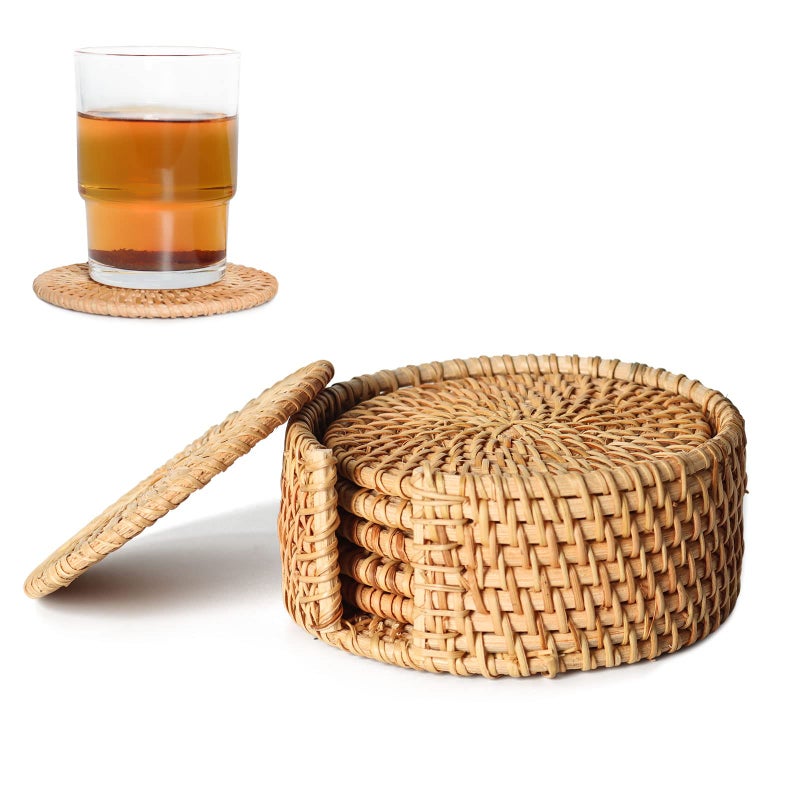 Ulable Set of 6 Rattan Weave Cup Mat HandMade Crafts Rattan Coasters Coasters for Drinks Home Decoration Holder for Kitchen Table Drinks 4  4 in