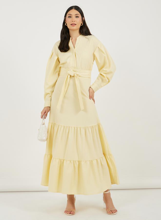 Styli Notch Neck Tiered Maxi Dress with Tie-Up Belt  - Image 1
