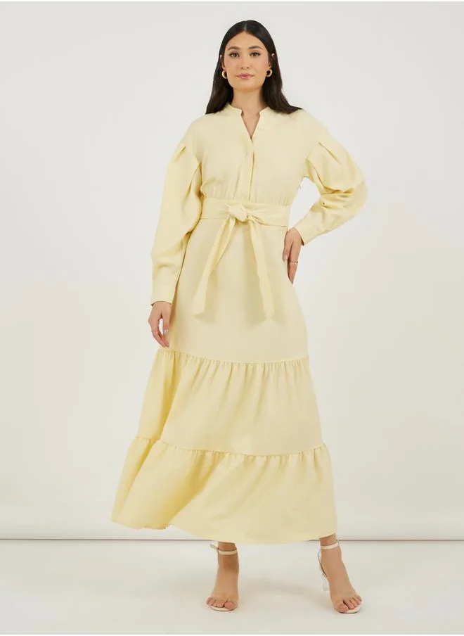 Styli Notch Neck Tiered Maxi Dress with Tie-Up Belt