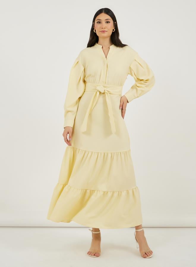 Styli Notch Neck Tiered Maxi Dress with Tie-Up Belt  - Image 4