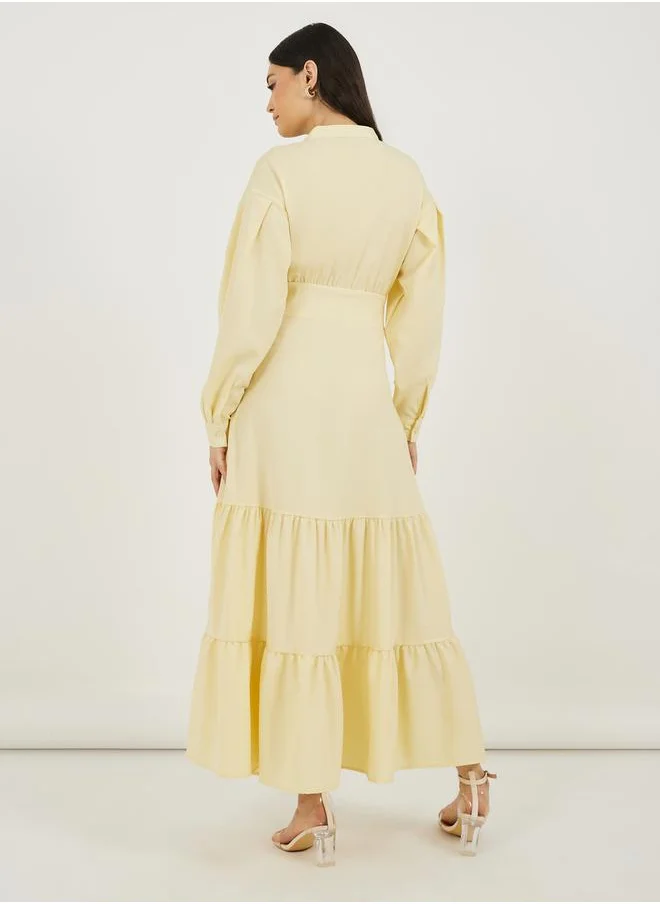 Styli Notch Neck Tiered Maxi Dress with Tie-Up Belt