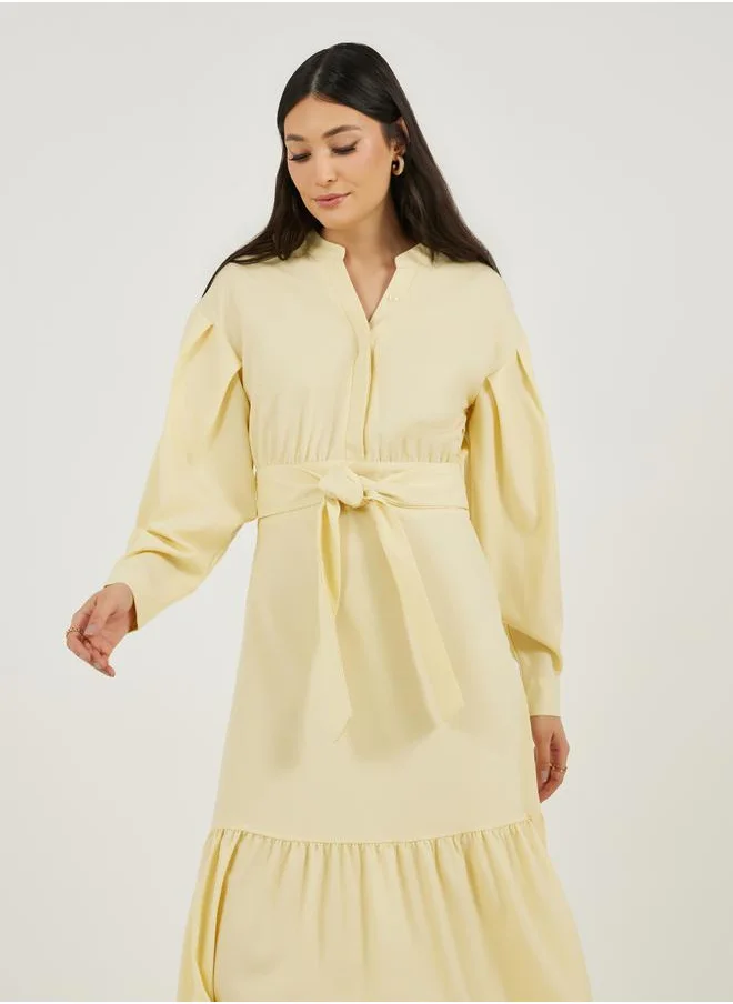 Styli Notch Neck Tiered Maxi Dress with Tie-Up Belt