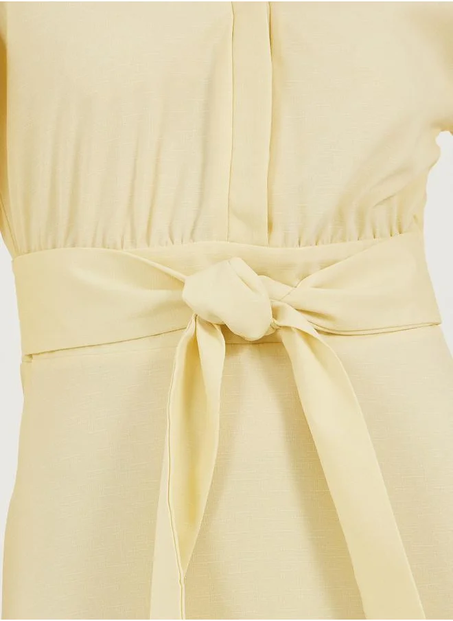 Styli Notch Neck Tiered Maxi Dress with Tie-Up Belt