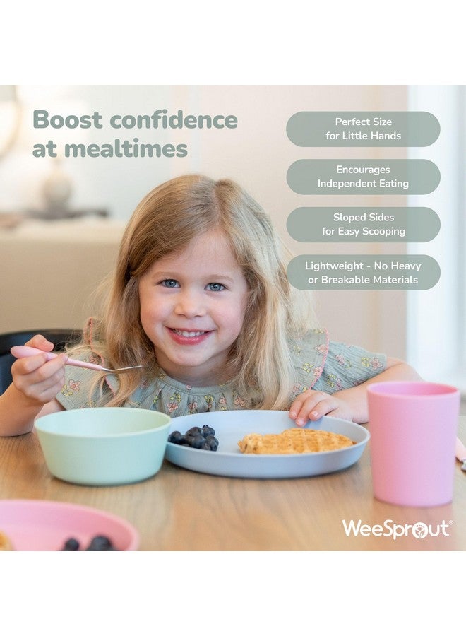 WeeSprout Bamboo Plates, Set of 4, Kid-Sized Dinnerware, Dishwasher Safe Melamine Dishware (Blue, Green, Gray, & Beige, Without Lids) - Image 3
