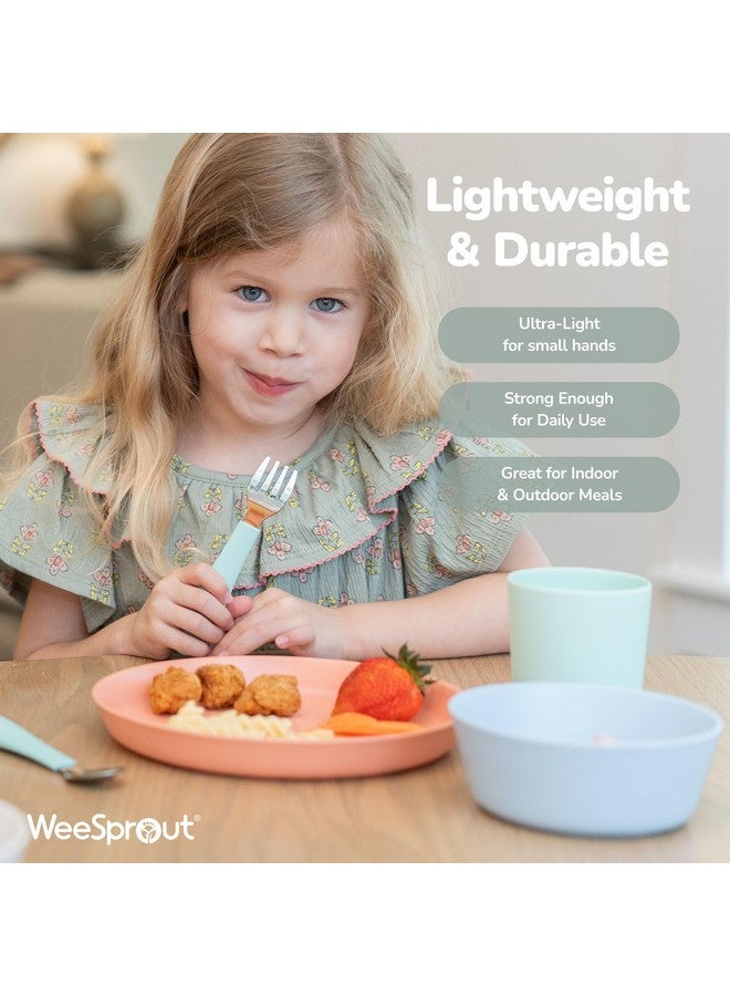 WeeSprout Bamboo Plates, Set of 4, Kid-Sized Dinnerware, Dishwasher Safe Melamine Dishware (Blue, Green, Gray, & Beige, Without Lids) - Image 4
