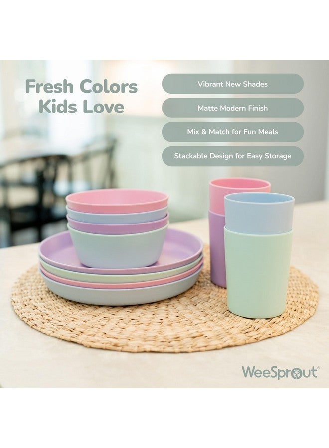 WeeSprout Bamboo Plates, Set of 4, Kid-Sized Dinnerware, Dishwasher Safe Melamine Dishware (Blue, Green, Gray, & Beige, Without Lids) - Image 5