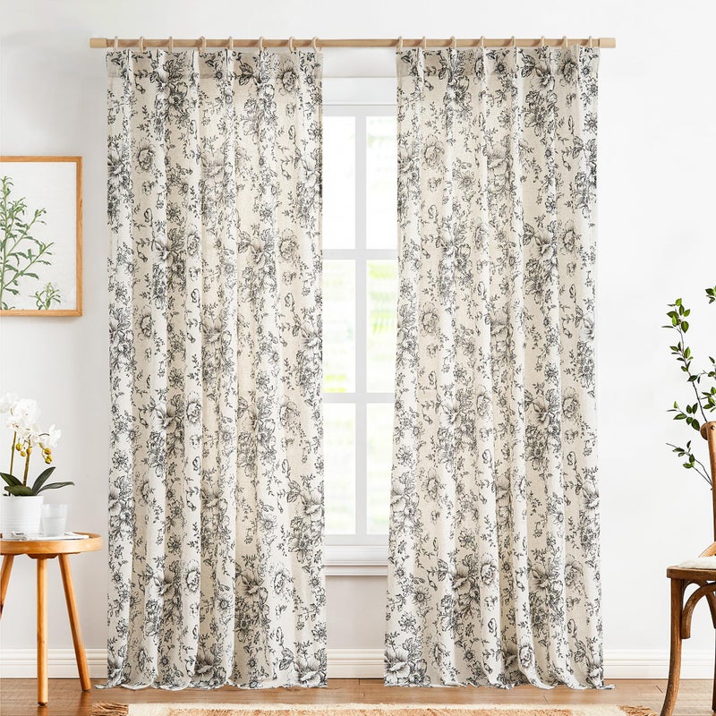jinchan Pinch Pleated Curtains Floral Linen Blend Curtains for Living Room 96 Inches Length Black Peony Flower Printed Curtain Rod Pocket Back Tab Farmhouse Pinch Pleat Drapes with Hooks Set 2 Panels - Image 2