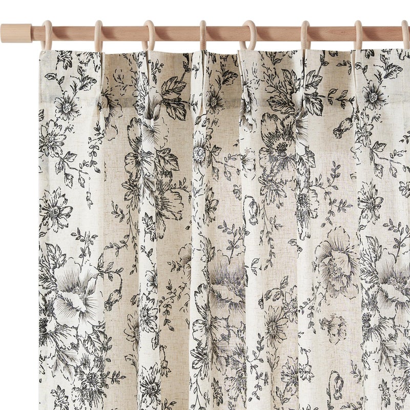 jinchan Pinch Pleated Curtains Floral Linen Blend Curtains for Living Room 96 Inches Length Black Peony Flower Printed Curtain Rod Pocket Back Tab Farmhouse Pinch Pleat Drapes with Hooks Set 2 Panels - Image 1