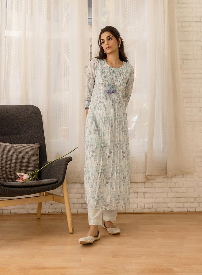 DW Printed A-Line Round Neck Kurta and Trousers Set - Image 1