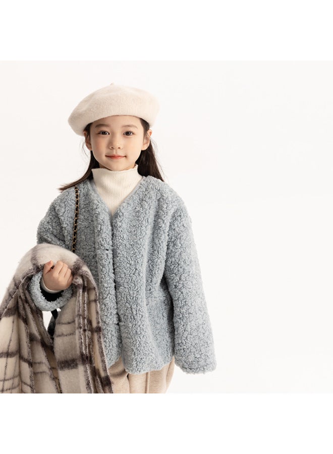 Children's Winter Clothing Girls Coat Autumn Winter New Style Kids Faux Fur Thickened Round Neck Fashion Plush Top