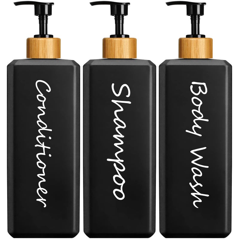 GMISUN Shampoo and Conditioner Dispenser Refillable Black Refillable Shampoo and Conditioner Bottles with Bamboo Pump Modern Bathroom Shower Bottles Set for Shampoo Conditioner Body Wash 3 Pack