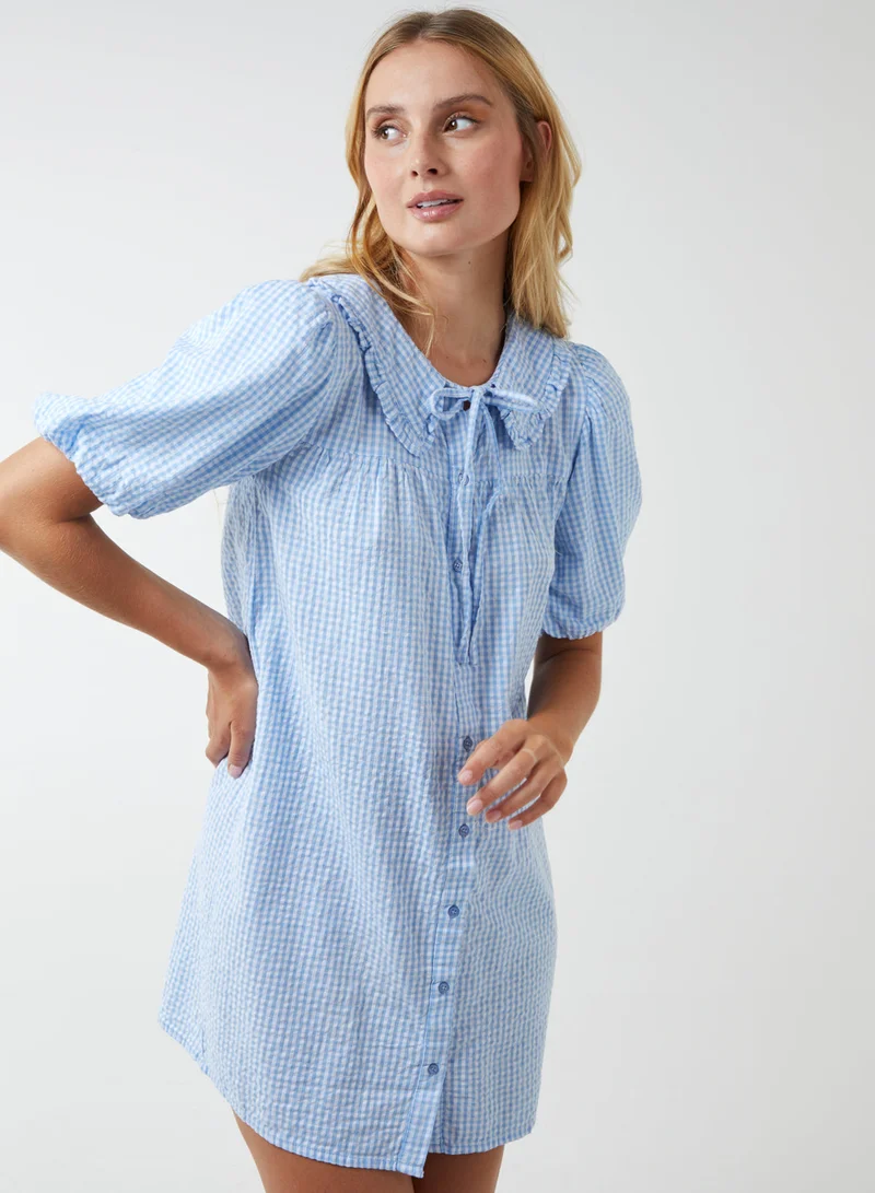Blue Vanilla Gingham Shirt Dress With Plunge Ruffle