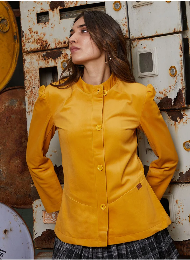 Campus Sutra Women's Amber Yellow Velvet Single-Breasted Blazer